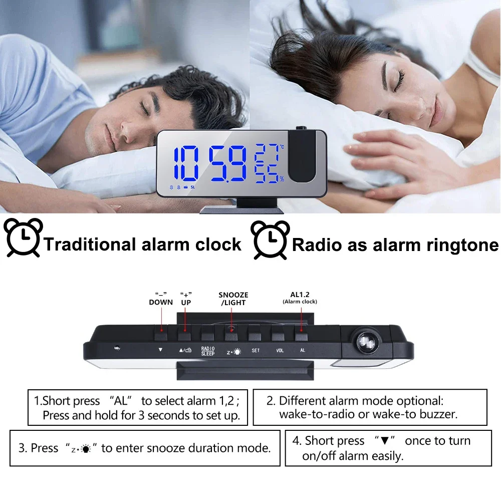 Alarm Clock LED Digital Projection Alarm Clocks USB Electronic Ceiling Projector Alarm Clock with FM Radio for Bedroom Bedside Desktop Clock