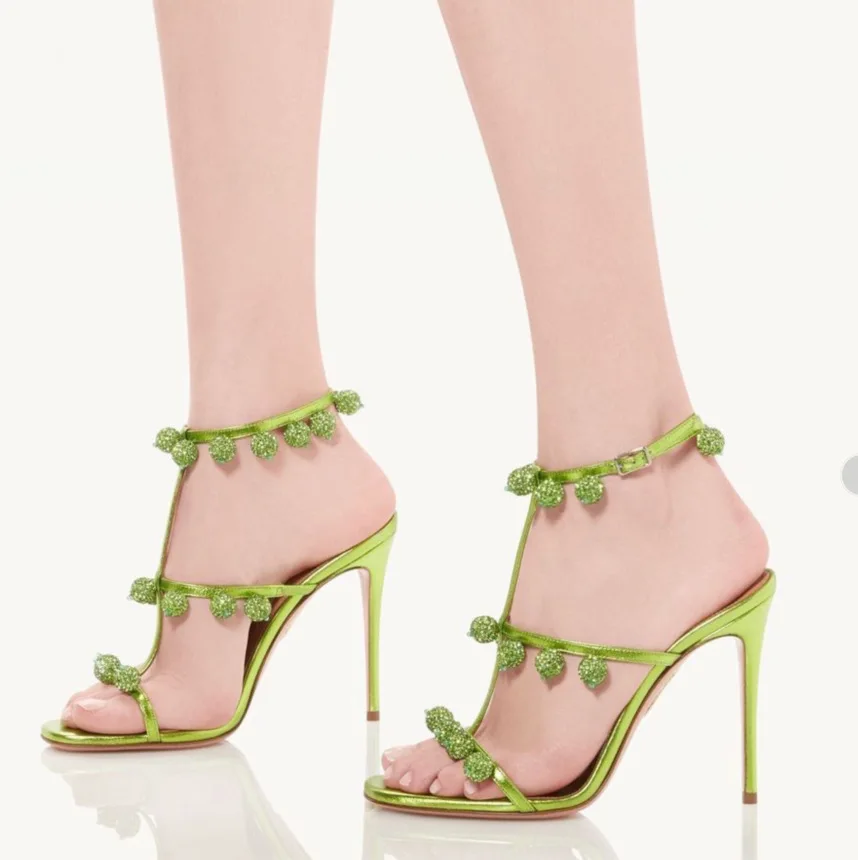 

Green simple line with round diamond ball fashion catwalk sandals green three straps