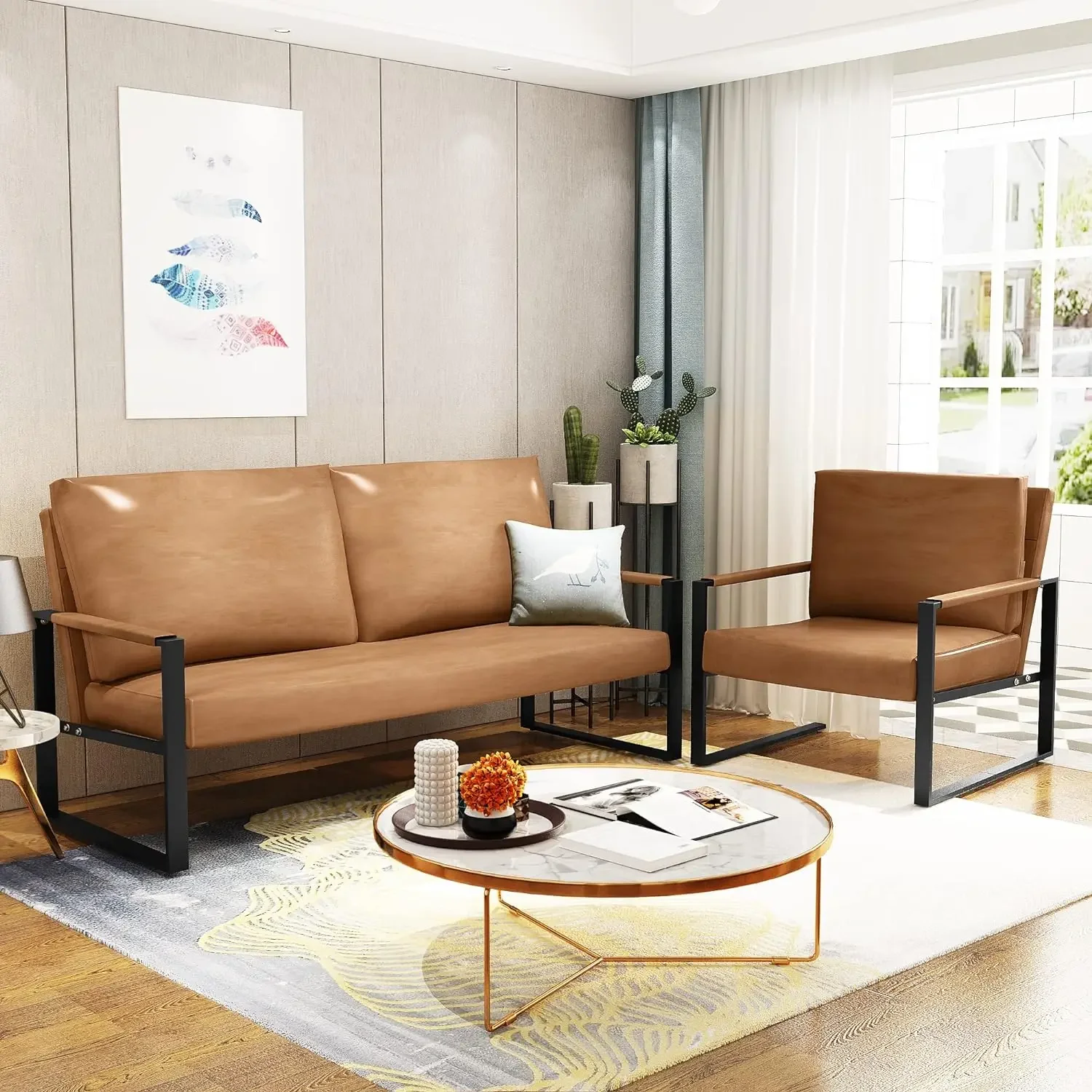 Mid-Century Retro Modern Living Room Sofa Set with Loveseat and Seating Sofa Chair, Upholstered Couch &Accent Chair with Armrest