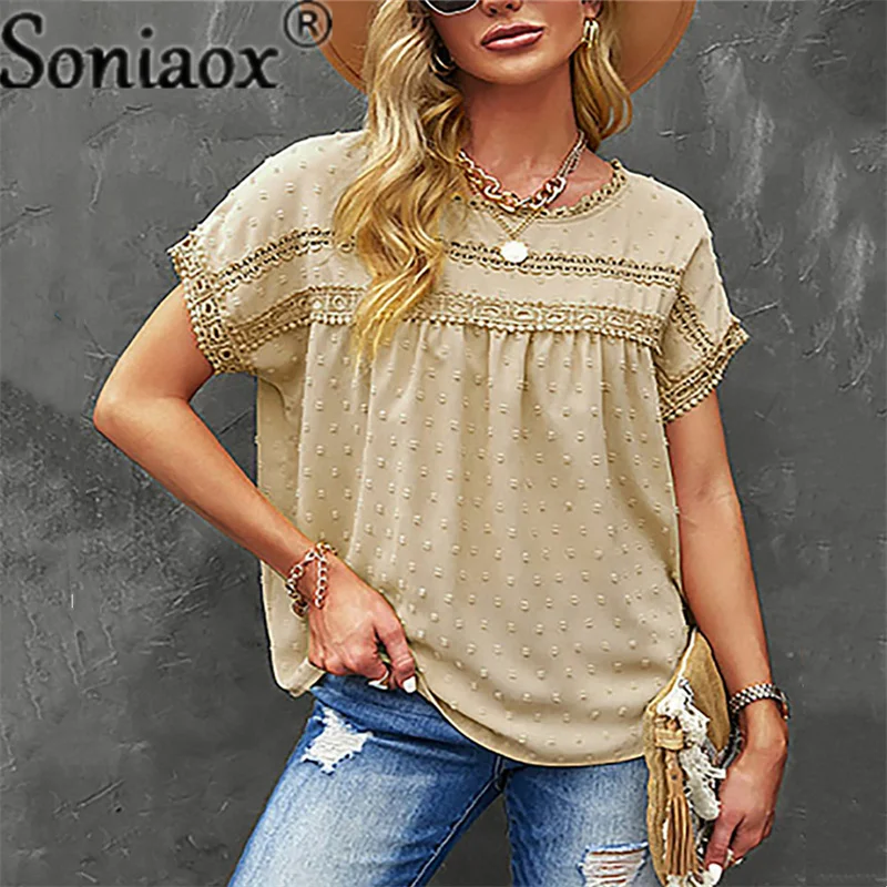 

Summer Elegant New Lace Hollow Out Splicing Shirt Women Fashion Round Neck Solid Color Short Sleeve Top Party Pullover OL Shirt