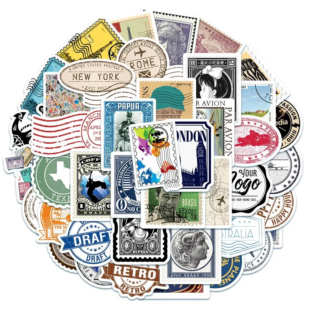 10/50Pcs Vintage Stamp Stickers Retro Travel Stickers Suitcase Luggage Waterproof Sticker for Laptop Phone Fridge Decals 10 50 81pcs retro movie ticket stub stickers laptop phone guitar skateboard suitcase diy handbook decals waterproof sticker