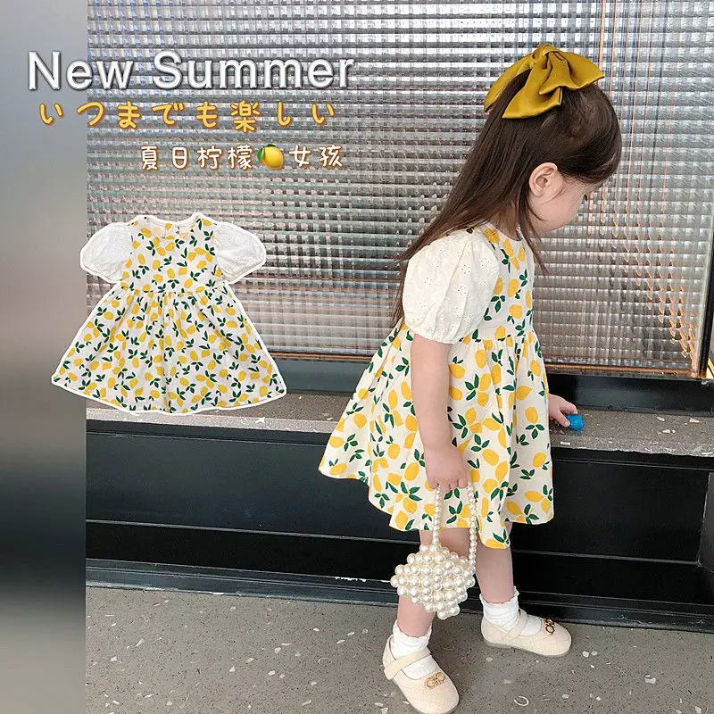 Girls' floral chiffon short sleeved dress 2026 new rustic style lemon princess dress for 2-10 Yrs baby girls summer loose Dress