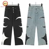 High Street Black Blue ThugClub Star and Moon Patchwork Leather Embroidery Logo Straight Loose High Quality Mens Womens Jeans 1