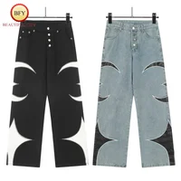 High Street Black Blue ThugClub Star and Moon Patchwork Leather Embroidery Logo Straight Loose High Quality Mens Womens Jeans 1