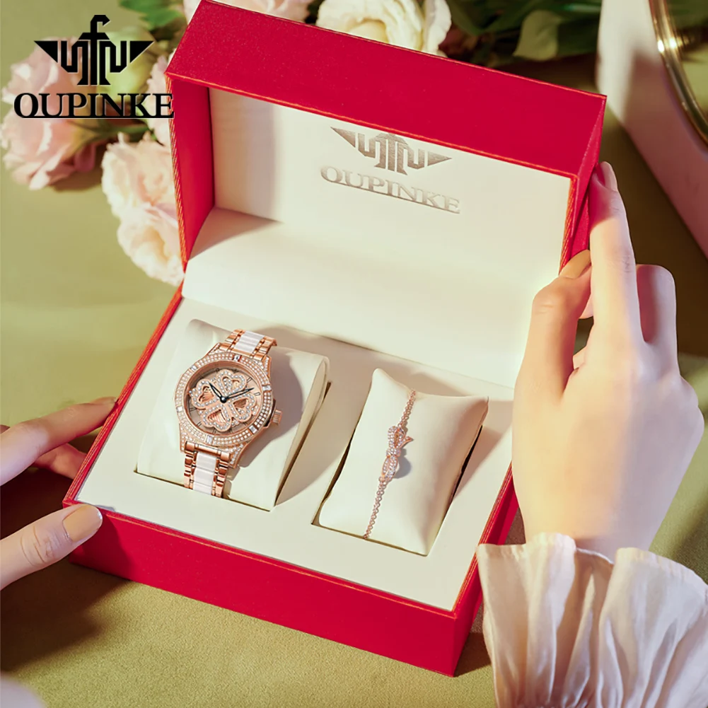 OUPINKE 3279 Women Watch Four Leaf Clover Transparent Dial Ceramic Strip 50m Waterproof Sapphire Mirror Fashion Quartz Watch 4