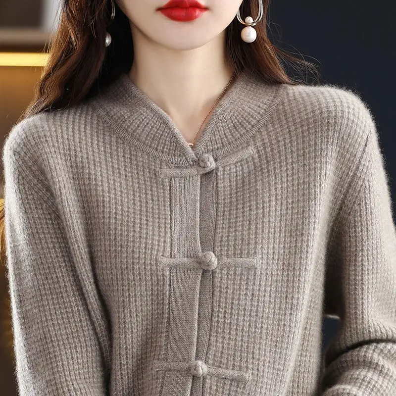 autumn winter chinese retro style cheongsam button stand collar long sleeve knit sweater blouse chinese tang suit top s619