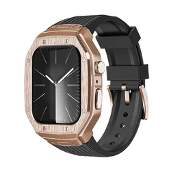 Luxury Metal Case & TPU Strap Kit for Apple Watch - Premium Replacement Accessories (Black Rose Gold)