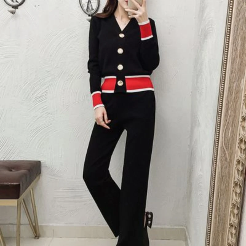 

2023 Korean Version Fashion Temperament Striped Knitted Suit Single Breasted V-neck Sweater Jacket and Wide Leg Trousers