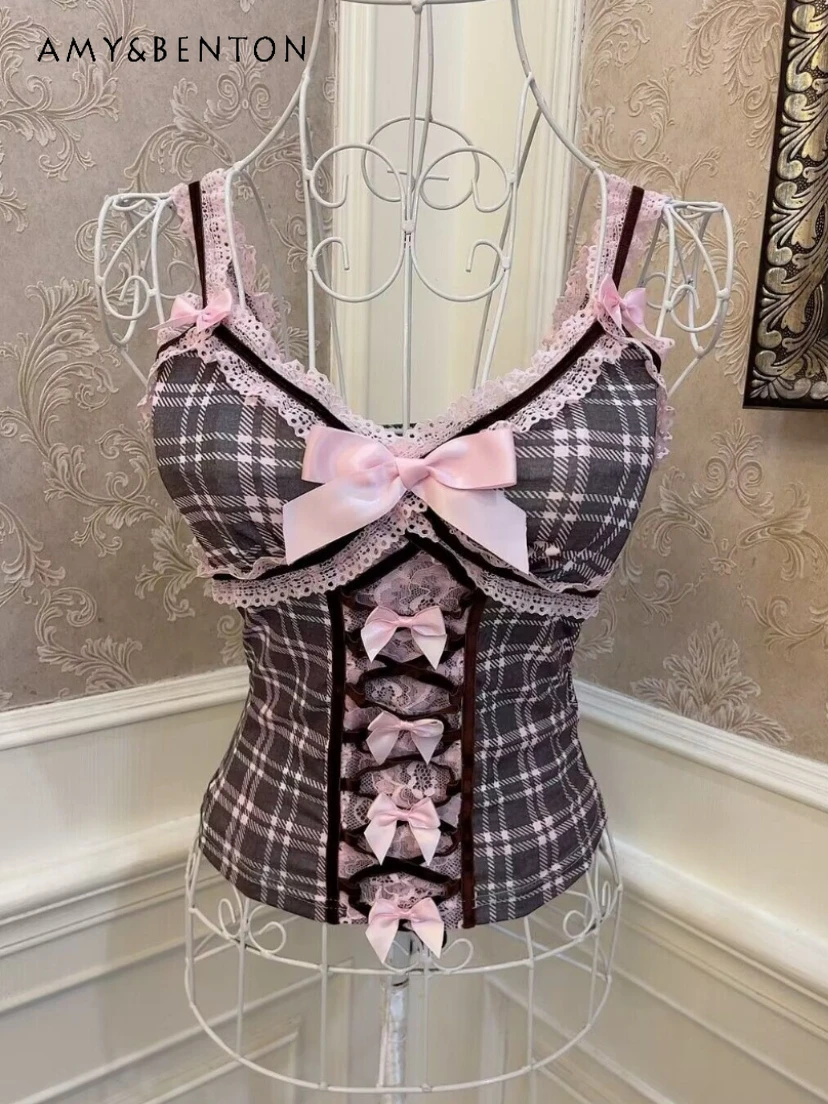 

Sweet Sexy Girl Plaid Bow Cross Lace Tank Top Women American Retro Hot Girl Y2k Tops Summer New Kawaii Goth Patchwork Tank Top