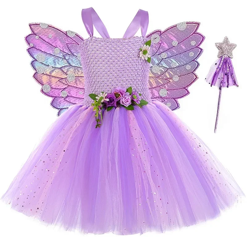 thumbnail image 1 of Vestido de tul con tutú de hada y mariposa de lavanda para niñas, disfraz con alas para fiesta de cumpleaños de carnaval, vestido de princesa de tul, vestido de baile, 1 of 5