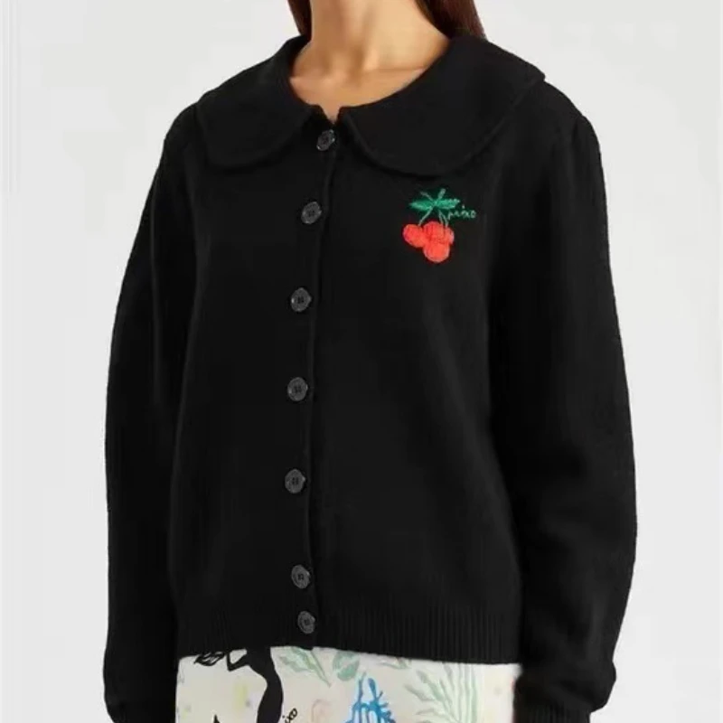 

Vintage Cherry Embroidered Lapel Wool Cardigan 2023 Fall/Winter New Women's Fashion Single Breasted Black Knitwear Jacket