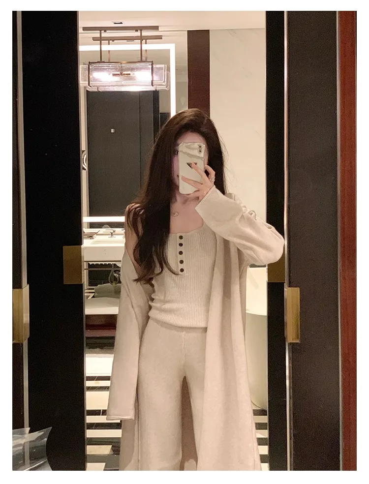 Conjunto de 3 piezas de punto para mujer, chaleco con cuello halter, cárdigan largo, pantalones largos, ropa informal lisa de moda coreana, otoño e invierno, nuevo