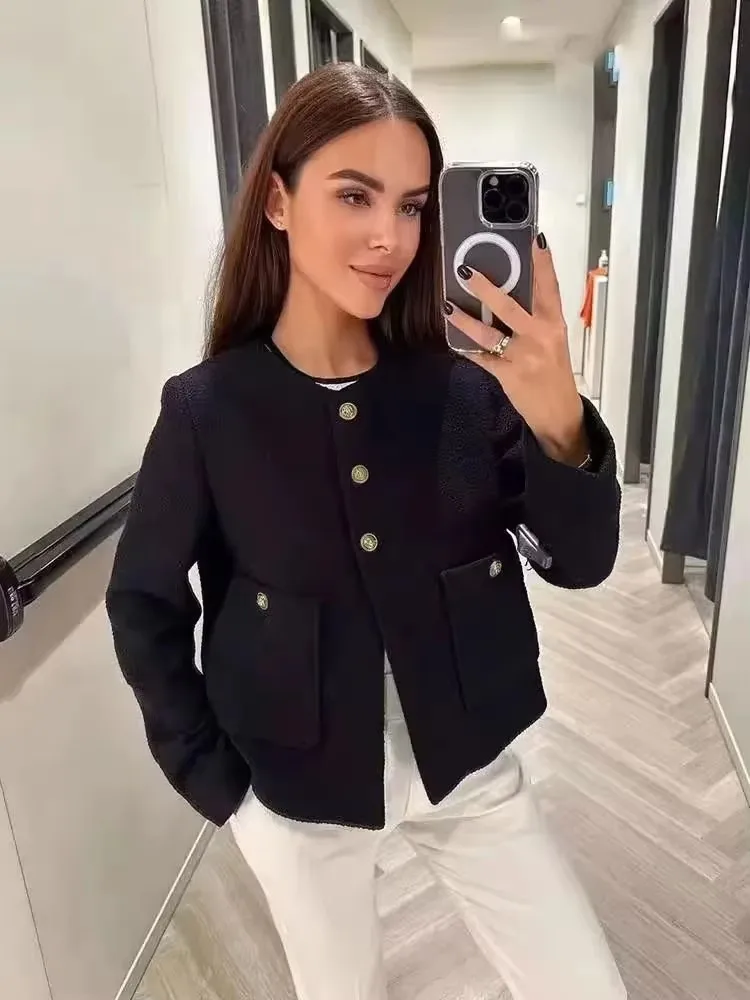 HH Women Solid Textured Cropped Coat Single Breasted O Neck Single Breasted Jacket With Pockets Casual Office Lady Outerwear