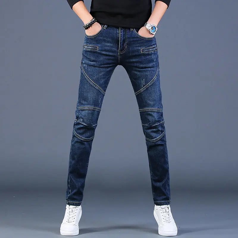 

Новинка 2022, осенние мужские джинсы Splice, облегающие Модные Повседневные Легкие Брюки в Корейском стиле, модная мужская одежда, мужские джинсы