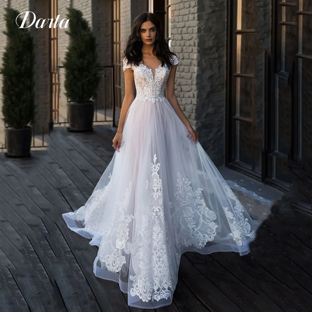 

Винтажное Тюлевое свадебное платье, кружевное платье с вышивкой, коротким рукавом, V-образным вырезом, топ с жемчугом, свадебное платье с открытой спиной на пуговицах, 2024, платья невесты