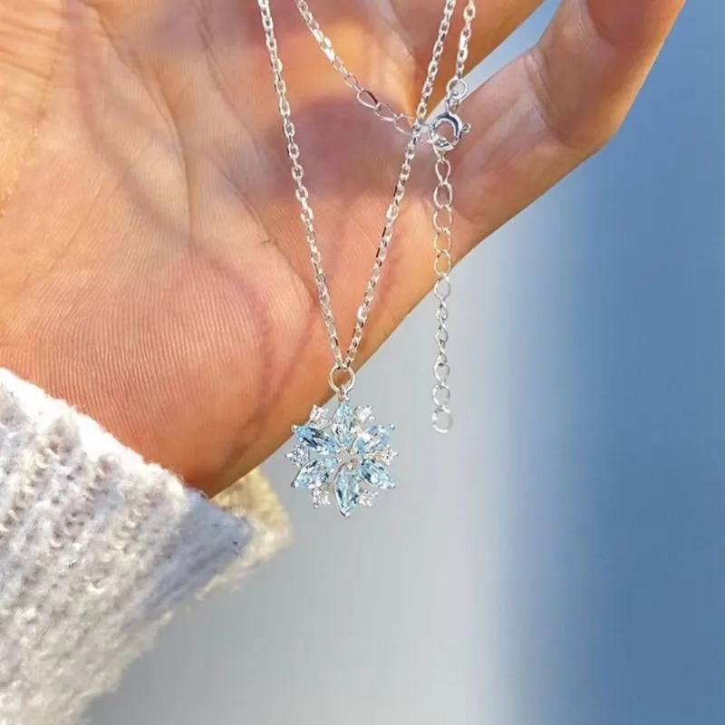 Vintage lady Blue Crystal Snowflake Zircon Flower Necklaces & Pendants Jewelry gift for Women