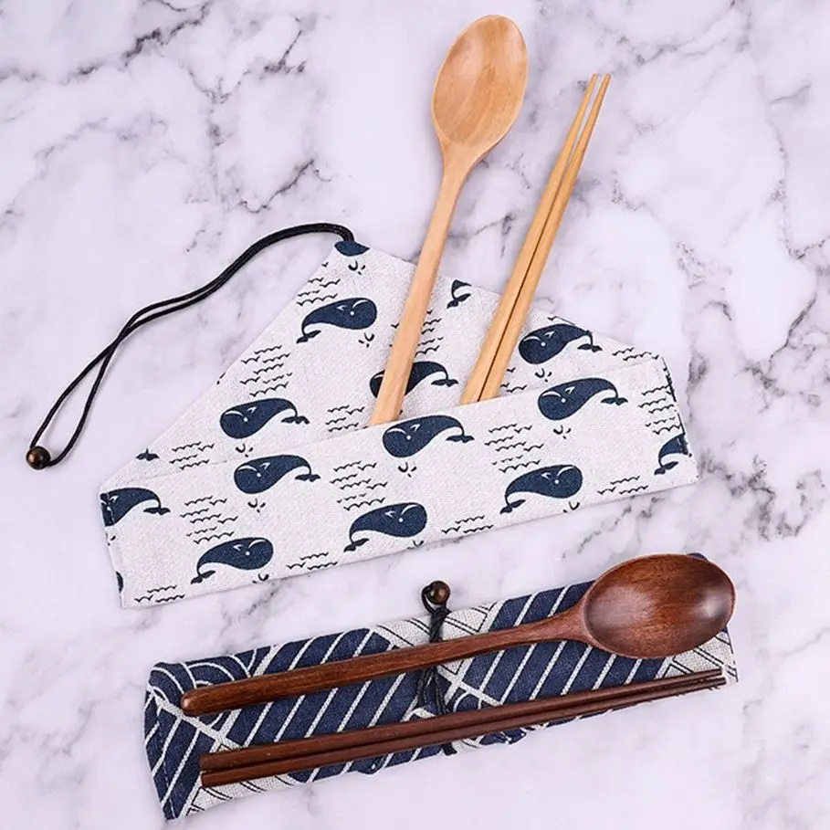 Wooden Cutlery Set Spoon Fork Cutter Reusable Wood Bamboo Flatware With Bag Portable Dinnerware Tableware Student Lunch Supplies picnic cutlery set western style cutlery set camping cutlery set cutlery set wooden cutlery set