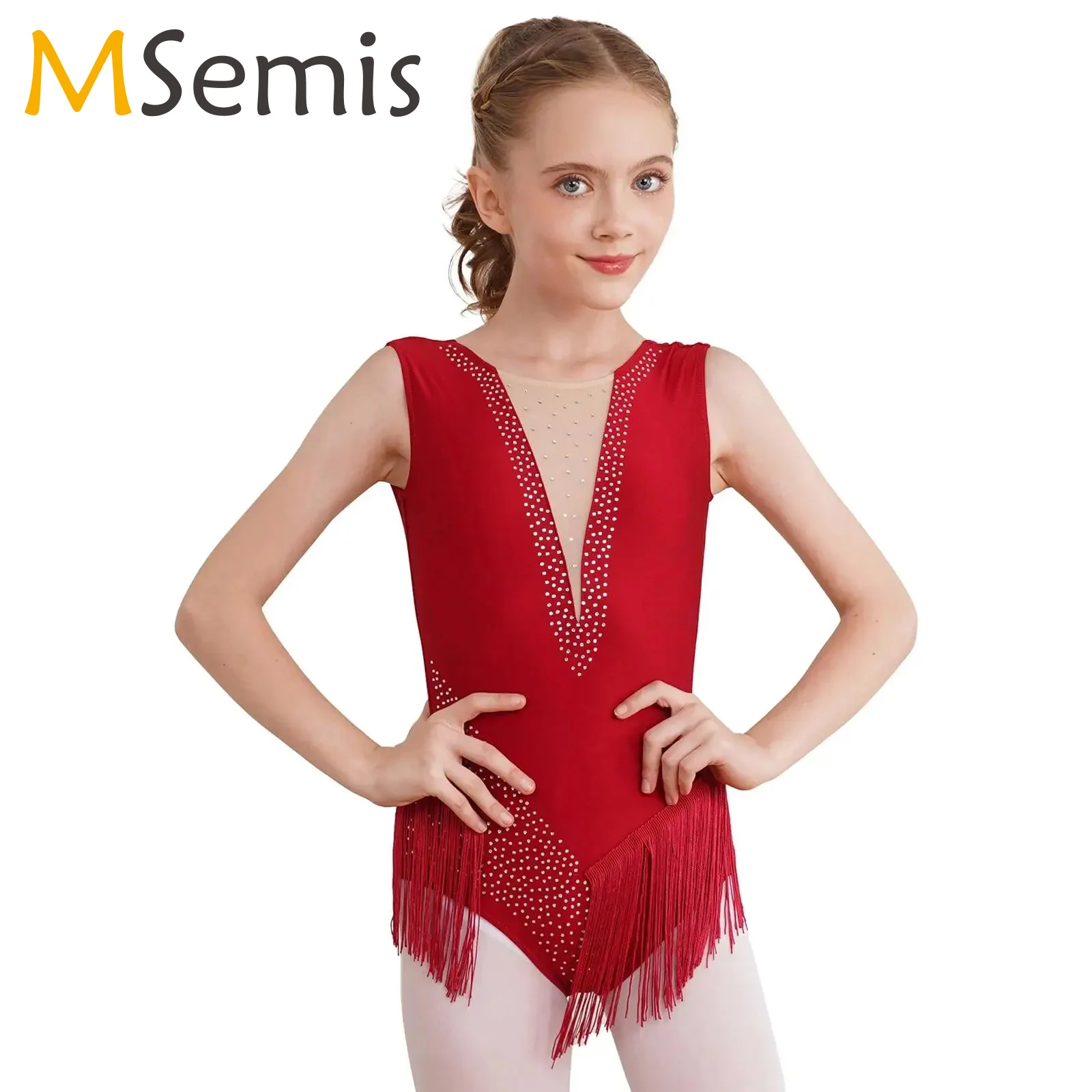 

Kids Girl Tassel Ballet Leotard Figure Skating Dancewear Rhinestones Rhythmic Gymnastics Performance Costume Sleeveless Bodysuit