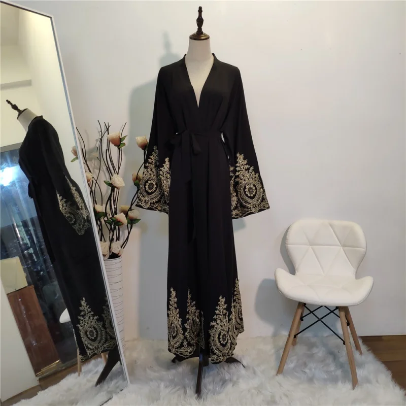 Muslim Women's Robe Lace Stitching Fashion Cardigan Slim Robe Dubai Abaya