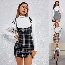 

European and American Hot Plaid Dress AmazonEbayStand-Alone Hem Open Strap Multicolor Plaid Dress