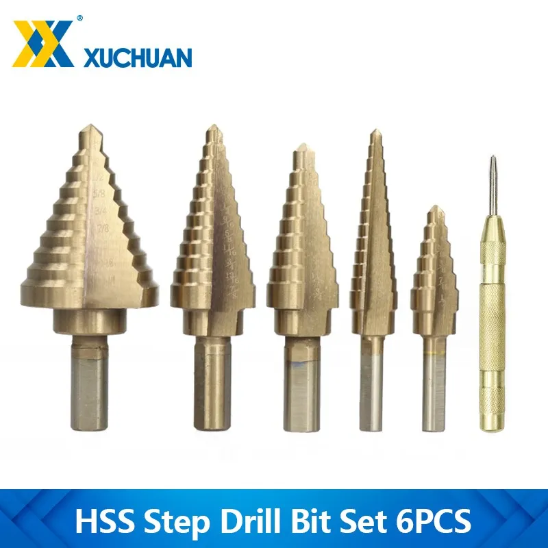 

HSS 4241 Step Cone Drill TiCN Coated 6pcs Metal Drill Bit with Center Punch Metal Hole Cutter Drilling Tool
