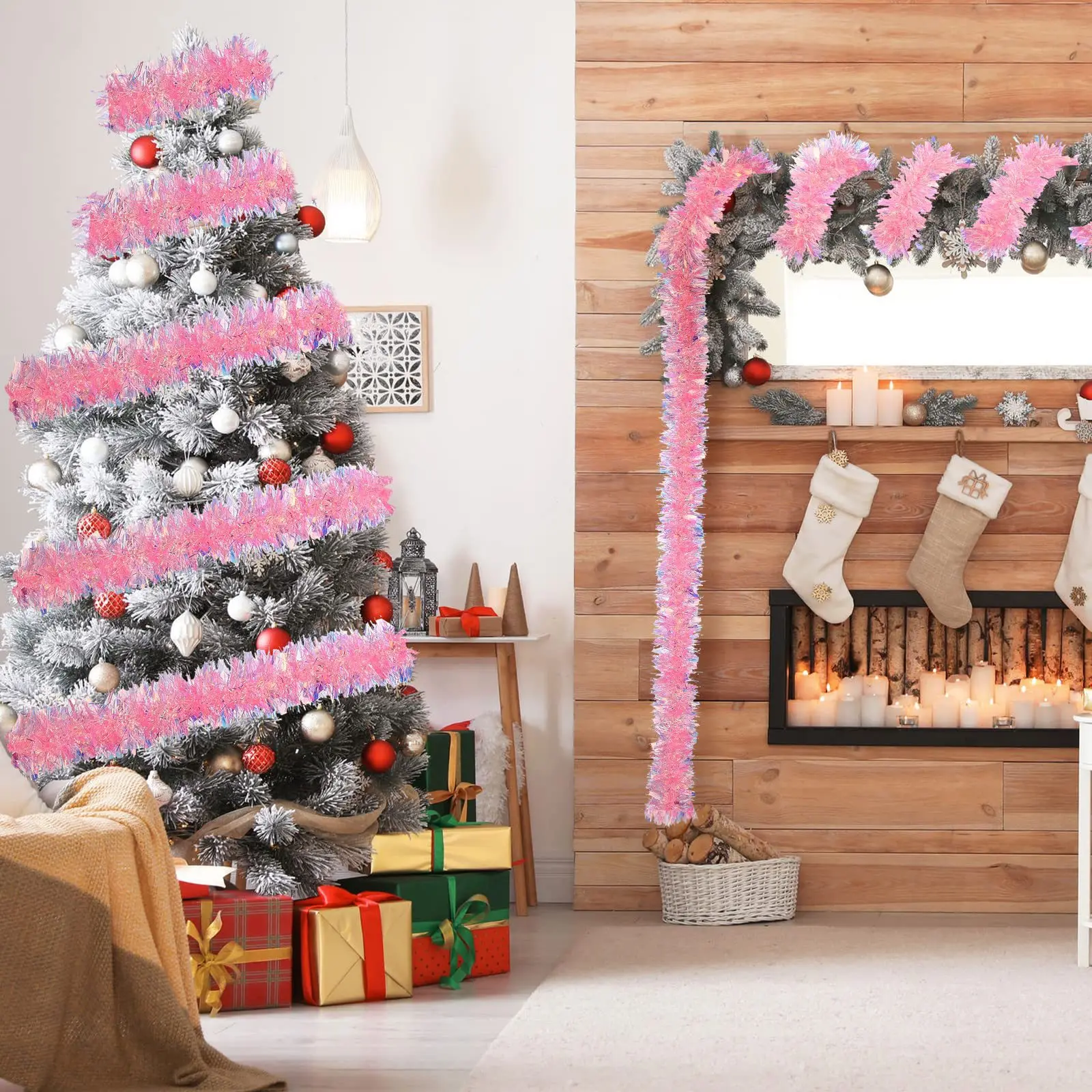 2m Christmas Pink Tinsel Garland Shiny Metallic Glitter Party Decoration for Christmas Valentine Wedding Birthday Decoration