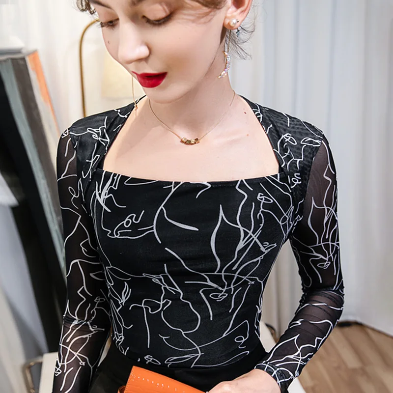 

High Quality 2024 Women Tops Gauze Print T-shirt Female Clothing Winter Autumn Sexy Crop Top Clothes Fashion Casual Blouse Y2k