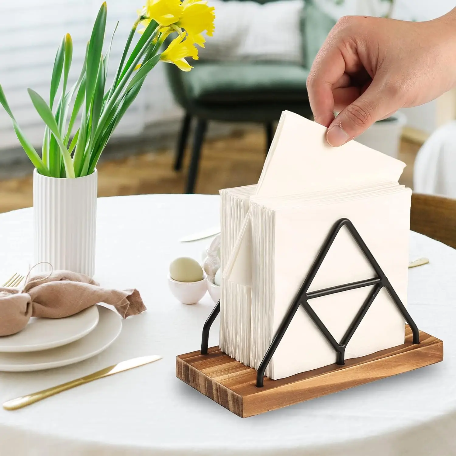 Wooden Napkin Storage, Black Tabletop Napkin Holder With Metal Wire, Suitable For Indoor Outdoor Home Dining Kitchen Decoration 5