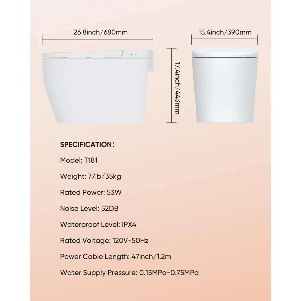 Smart Toilet with Built-in Heated Seat, Auto Flushing, Adjustable Seat Temp, Flush Remote Control, Elongated, Tankless Toilet 5