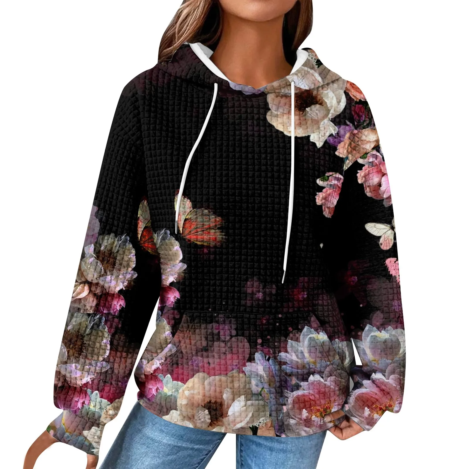 

Женская Повседневная универсальная Толстовка с длинным рукавом и цветочным принтом на завязках толстовки для женщин пуловер с карманами кофта