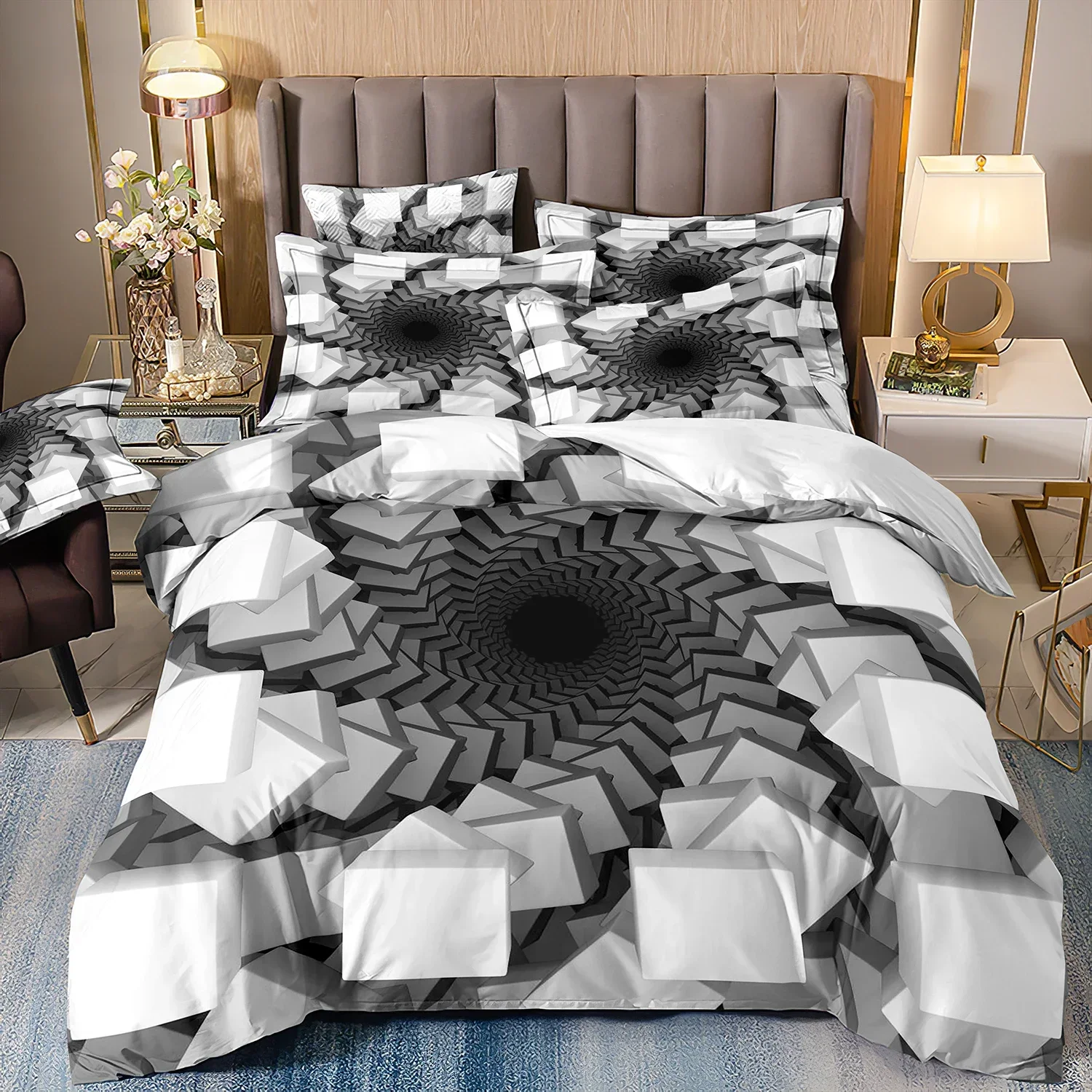 Microfiber Bedding Set For Double Bed, Abstract Style Print, Honeycomb Quilt Cover, Duvet Cover, Pillowcover, Black And White