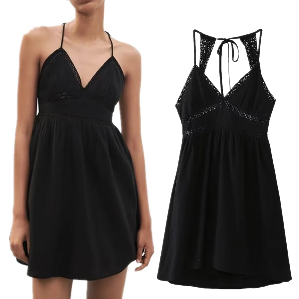 

Maxdutti French Fashion Cotton Dress Women Backless Lace Mini Dress Sexy Black Summer