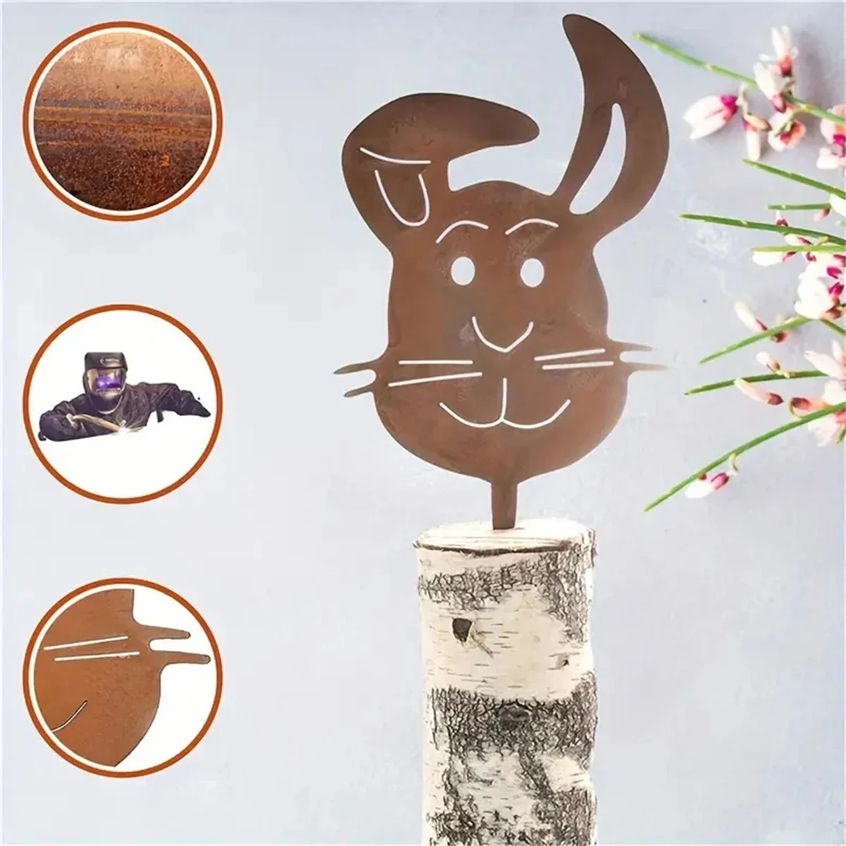 BAAU Handmade Retro Rabbits Ground Plug Outdoor Decoration Rabbits Iron Rusty Craft Outdoor Courtyard Art for Farmhouse Decor