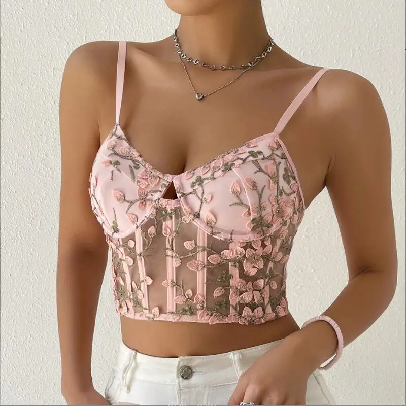 

Embroidered Bustier Cropped Tops Women Lace Bra Sexy Ribbon Chest Pad Lace Camisole Female Party Tank Camisole Cropped Vest p536