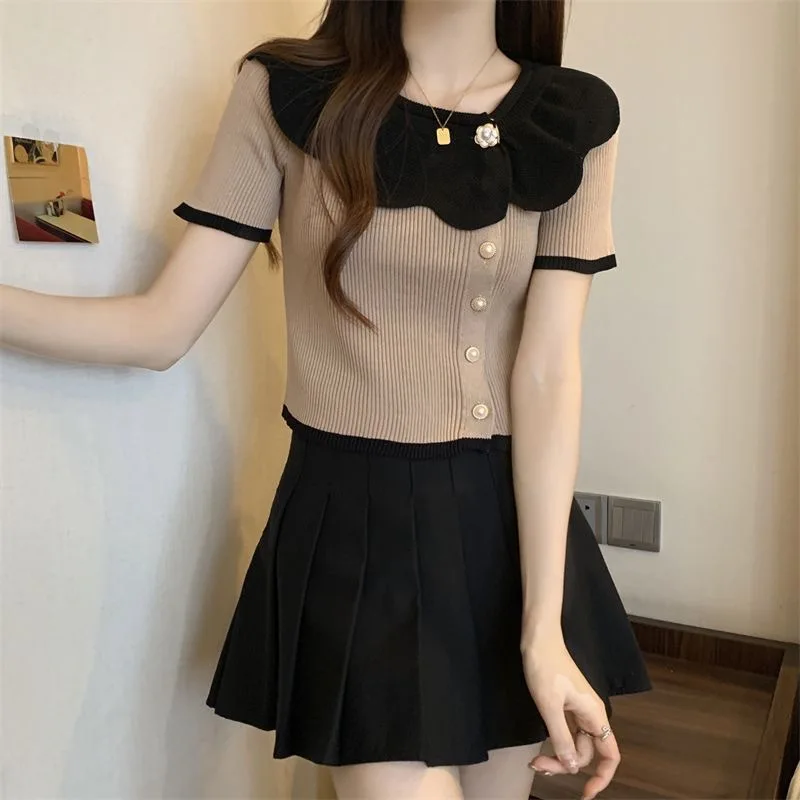 Contrast Farbe Spitzen kragen sanfte kurz schlafende T-Shirt für Frauen Sommer neue dünne Passform abnehmen kurze Top Frauen hemd – Detail 16