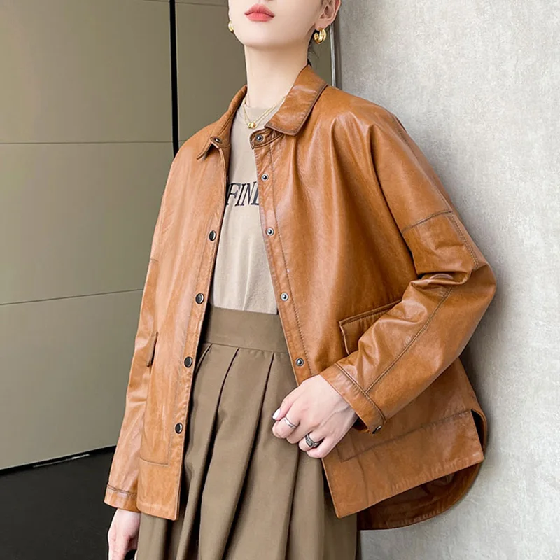 

2023 Lady Genuine Sheepskin Leather Jacket Women Fashion Vegetable Tanned Leather Coat Oversize CL4026