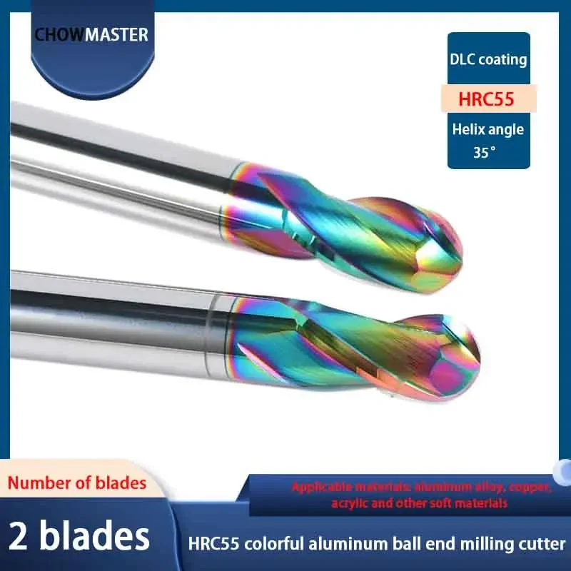 HRC55 2 플루트 알루미늄 볼 커터, DLC 알루미늄 카바이드 볼 커터, CNC CNC 밀링, 알루미늄, 구리 및 아크릴 공구, 엔드 밀
