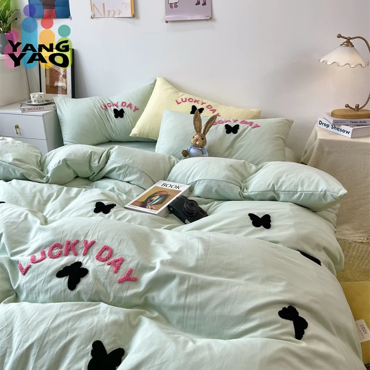 

Butterfly Embroidery Bedding Set Twin Queen Duvet Cover Pillowcases For Adult Kids Bed Flat Sheet Cute Duck Bed Covers Kawaii