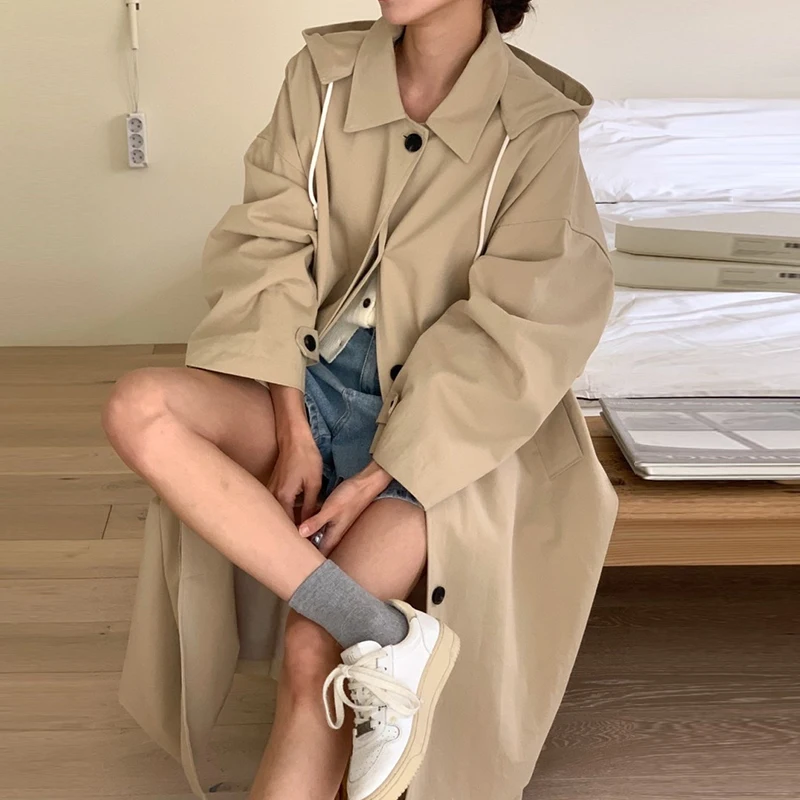 

SuperAen Korean Chic Autumn Retro British Style Hooded Single Breasted Loose Trench Coat for Women