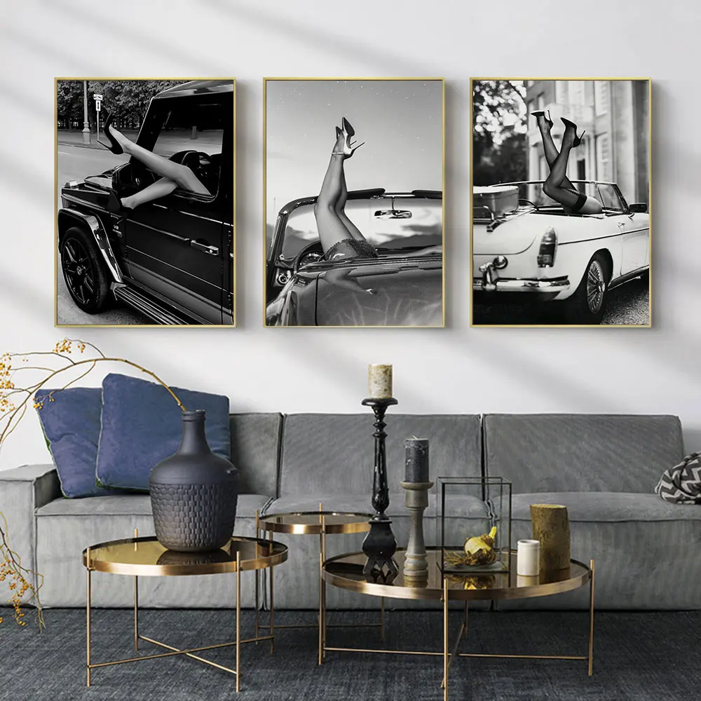 Black and White Luxury Cars, Shoes, Wine Canvas Painting Leopard Poster Print Wall Fashion Art for Living Room Home Office Decor
