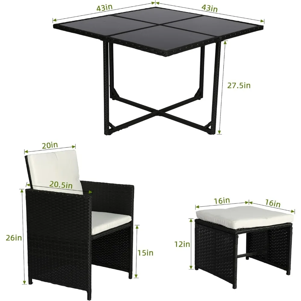 Space Saving Wicker Chairs with Glass Table and Ottomans, Cushioned Seating and Back Sectional Dining Sets, Garden Sofas 6
