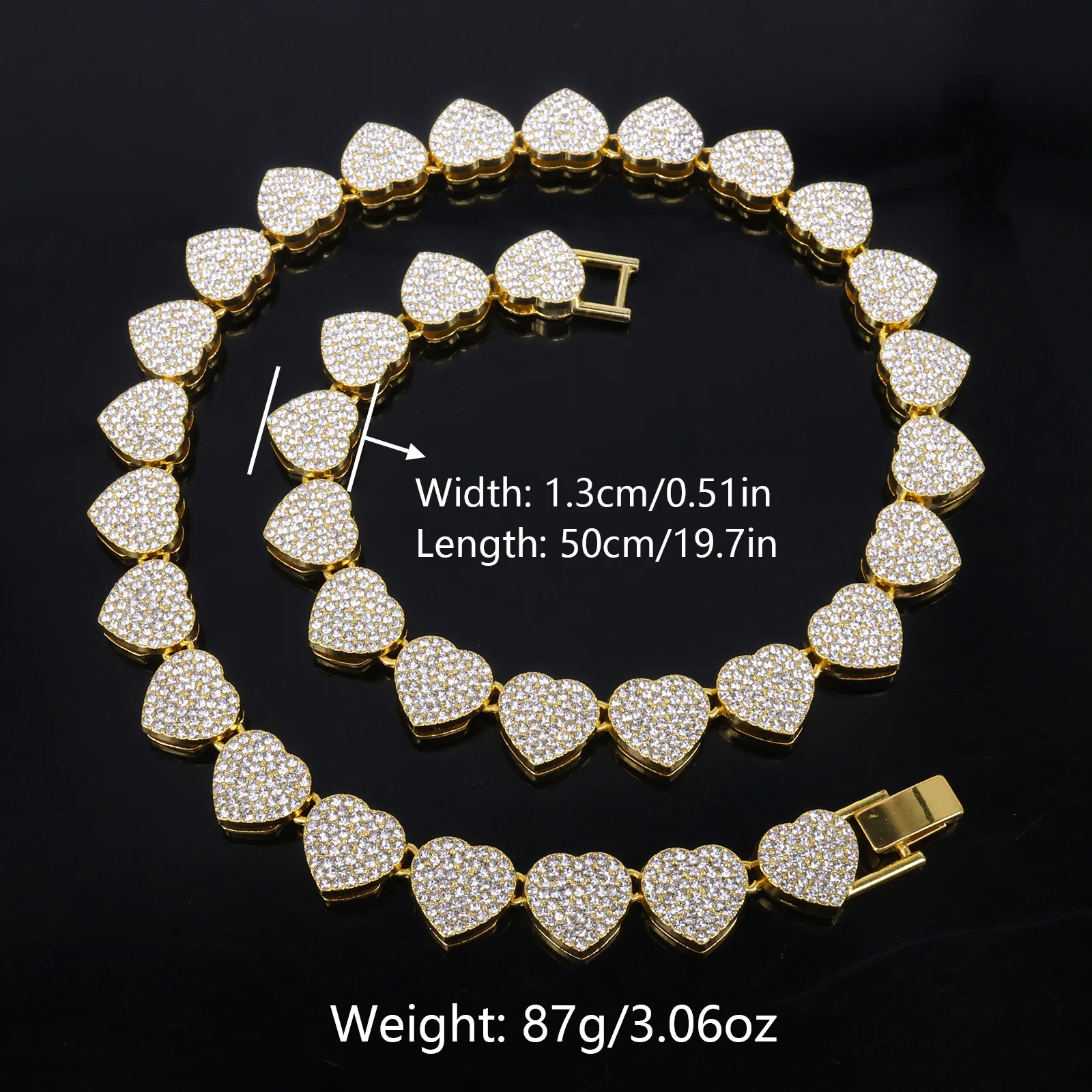 Yupsk 20/45CM New Thick Full Rhinestones Hip-hop Bracelet Trendy Heart-shaped Cuban Necklace Jewelry Set for Rock Trendsetters 6