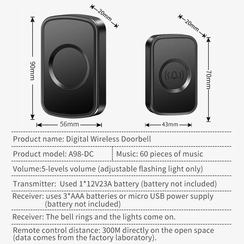 Wireless Doorbell Home DC Battery-Operated Waterproof Intelligent 300 Meter Remote Control 60 Ringtones Outdoor Call Bell