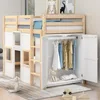 Twin Size Loft Bed with Built-in Wardrobe and 2 Windows,Solid Wood Loft Bed Frame with Safety Guardrail for Kids Teens Boys 5