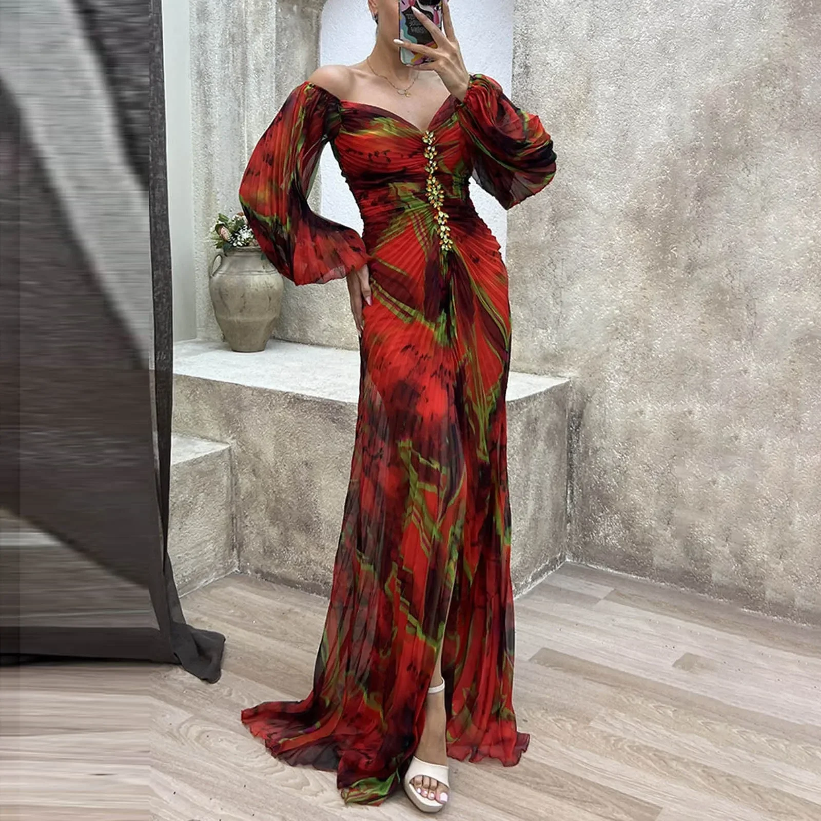 Long Wedding Evening Dresses For Women Ladies Gathering Pleated Long Sleeved Loose Cocktail Formal Dress Women's Fashion Dress - 2