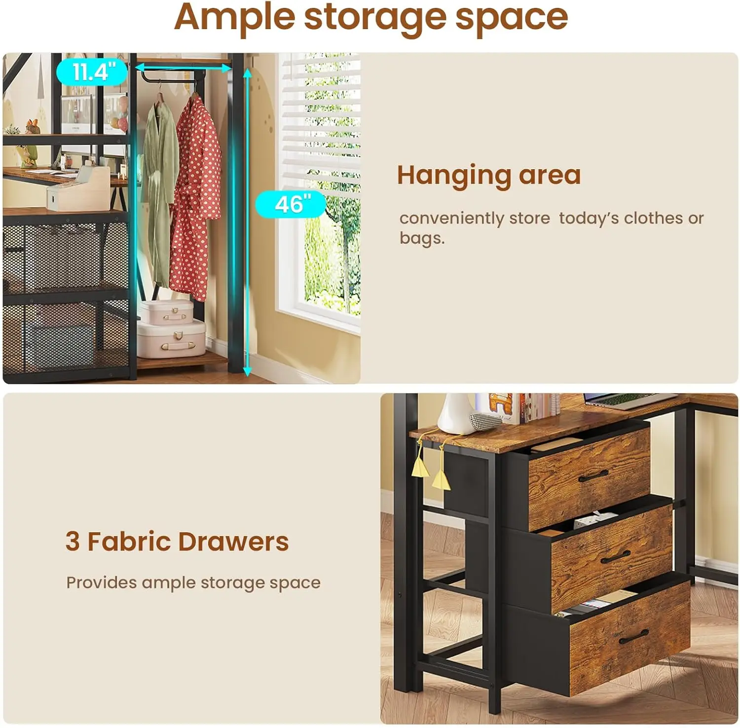 Stairway Twin Size Loft Bed with L Shaped Desk and Wardrobe Metal Loft Bed Frame with Storage Stairs 3 Fabric Drawers LED Lights