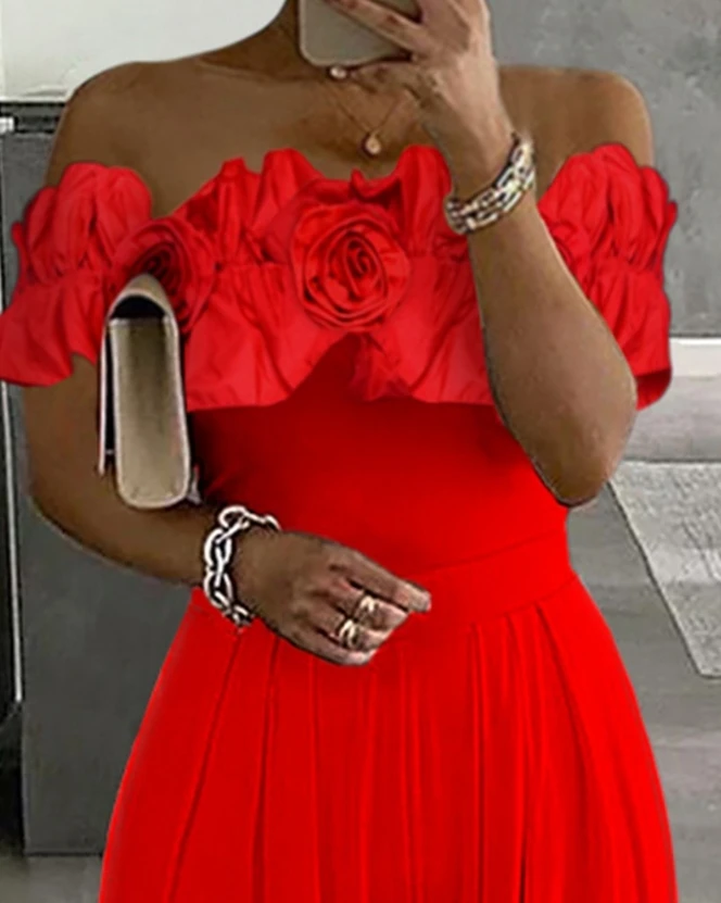 Rose Flower Detail Off The Shoulder Short Sleeved Sexy Top and Waist Length Pants Wide Leg Jumpsuit New Unique Women