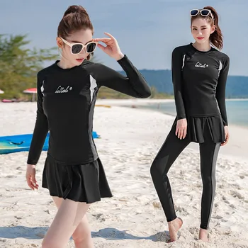 여성용 래쉬가드 긴팔 셔츠 및 레깅스 스커트, 자외선 및 자외선 차단 수영복, 전신 수상 해변 서핑 수영 상의 및 하의, 4 개