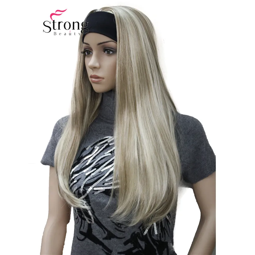 StrongBeauty 긴 3/4 여성용 가발 헤어피스 스트레이트 조정 검은 머리띠 금발 강조 가발 합성 머리