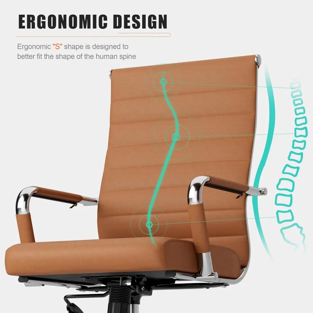 Office Desk Chair, Ergonomic Leather Modern Conference Room Chairs, Executive Ribbed Height Adjustable Swivel Rolling Chair 4
